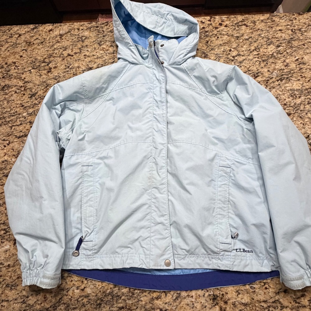 LL Bean Womens XL Light Blue Hooded Windbreaker Nylon Full Zip Jacket v